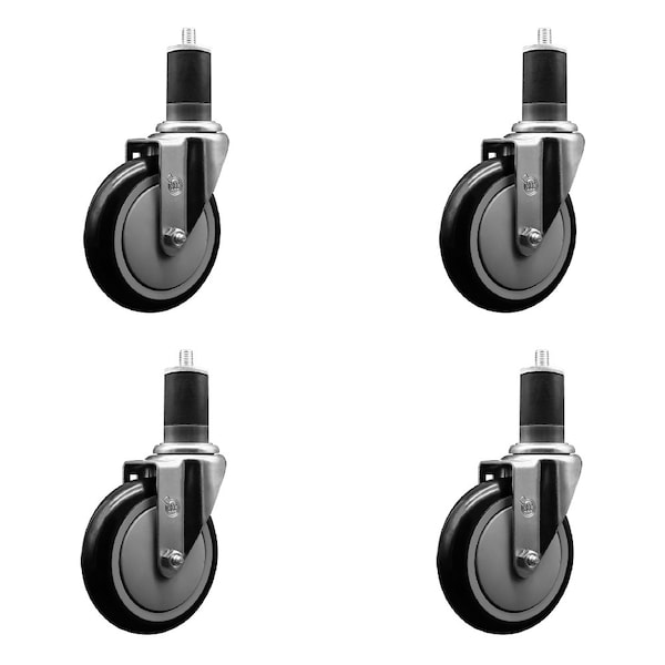 5'' SS Black Poly Wheel Swivel 1-5/8'' Expanding Stem Caster Set, 4PK